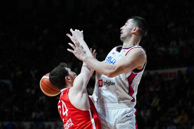 Serbia v Turkiye - 2027 World Cup European Qualifiers BELGRADE, SERBIA - FEBRUARY 27: Luka Mitrovic (R) of Serbia in action against Ercan Osmani (L) of Turkiye during the 2027 World Cup European Qualifiers Group C third match between Serbia and Turkiye at the Aleksandar Nikolic Sports Hall in Belgrade, Serbia, on February 27, 2026. Adem Kutucu Anadolu Belgrade Serbia. Editorial use only. Please get in touch for any other usage.  Copyright: x2026xAnadoluxAdemxKutucux