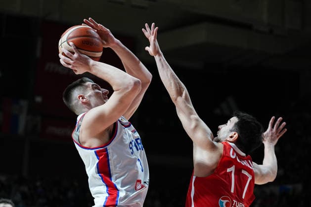 Serbia v Turkiye - 2027 World Cup European Qualifiers BELGRADE, SERBIA - FEBRUARY 27: Stefan Miljenovic (L) of Serbia in action against Berk Ugurlu (17) of Turkiye during the 2027 World Cup European Qualifiers Group C third match between Serbia and Turkiye at the Aleksandar Nikolic Sports Hall in Belgrade, Serbia, on February 27, 2026. Adem Kutucu Anadolu Belgrade Serbia. Editorial use only. Please get in touch for any other usage.  Copyright: x2026xAnadoluxAdemxKutucux