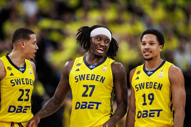 260227 Pierre Hampton, Zaba Bangala, Melwin Pantzar of Sweden during the FIBA World Cup Qualifier game between Sweden and Estonia on February 27, 2026 in Stockholm Photo Kenta Jönsson BILDBYRAN COP 210 KJ0314 basketball vm kval kval fiba world cup qualifiers sverige estland sweden estonia bbeng  Copyright: KENTAxJÖNSSON BB260227KJ062