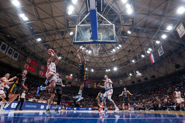 Croatia v Germany: Group E - FIBA World Cup 2026 European Qualifier Roko Badzim of Croatia goes to the basket under pressure by Johannes Thiemann of Germany during the FIBA Basketball World Cup 2027 Group E European Qualifier between Croatia v Germany at Drazen Petrovic Basketball Center on February 27, 2026 in Zagreb, Croatia, Croatia.  IgorxKralj PIXSELL