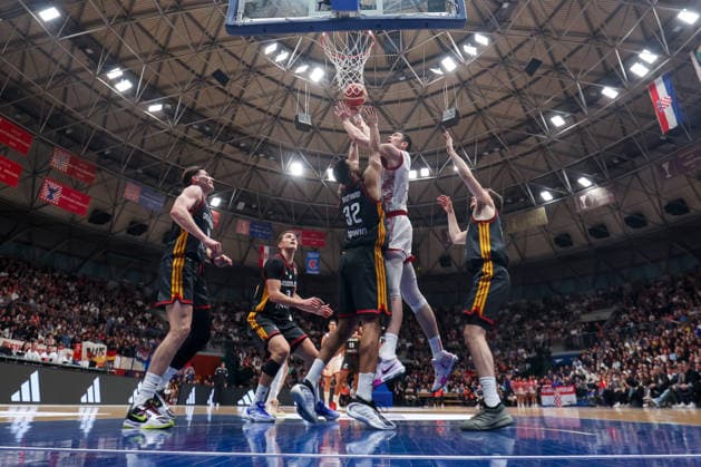 Croatia v Germany: Group E - FIBA World Cup 2026 European Qualifier Danko Brankovic of Croatia goes to the basket under pressure by Johannes Thiemann of Germany during the FIBA Basketball World Cup 2027 Group E European Qualifier between Croatia v Germany at Drazen Petrovic Basketball Center on February 27, 2026 in Zagreb, Croatia, Croatia.  IgorxKralj PIXSELL
