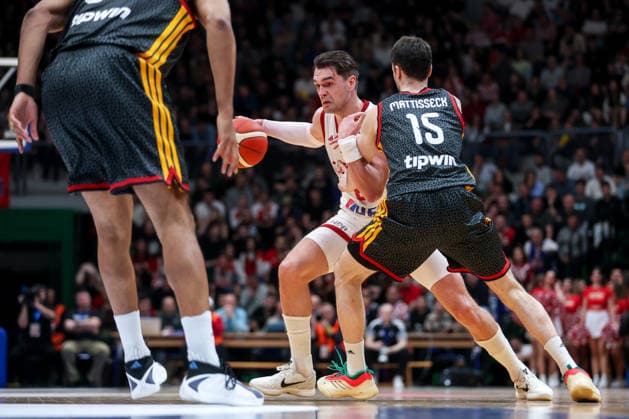 Croatia v Germany: Group E - FIBA World Cup 2026 European Qualifier Mario Hezonja of Croatia handles the ball while defended by Jonas Mattisseck of Germany during the FIBA Basketball World Cup 2027 Group E European Qualifier between Croatia v Germany at Drazen Petrovic Basketball Center on February 27, 2026 in Zagreb, Croatia, Croatia.  IgorxKralj PIXSELL