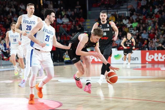 Belgium s Siebe Ledegen and Finland s Edon Maxhuni fight for the ball during a basketball match between Belgian national team, Nationalteam Belgian Lions and Finland, Friday 27 February 2026 in Charleroi, qualifier 3 6 for the men s 2027 FIBA World Championships. VIRGINIExLEFOUR  x165750275x