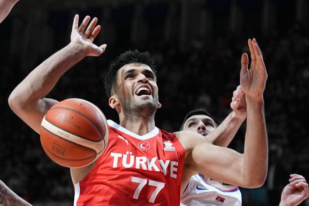 Serbia v Turkiye - 2027 World Cup European Qualifiers BELGRADE, SERBIA - FEBRUARY 27: Omer Yurtseven (77) of Turkiye in action against Ognjen Dobric (R) of Serbia during the 2027 World Cup European Qualifiers Group C third match between Serbia and Turkiye at the Aleksandar Nikolic Sports Hall in Belgrade, Serbia, on February 27, 2026. Adem Kutucu Anadolu Belgrade Serbia. Editorial use only. Please get in touch for any other usage.  Copyright: x2026xAnadoluxAdemxKutucux