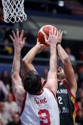Croatia v Germany: Group E - FIBA World Cup 2026 European Qualifier Johannes Thiemann of Germany goes to the basket under pressure by Dario Saric of Croatia during the FIBA Basketball World Cup 2027 Group E European Qualifier between Croatia v Germany at Drazen Petrovic Basketball Center on February 27, 2026 in Zagreb, Croatia, Croatia.  IgorxKralj PIXSELL