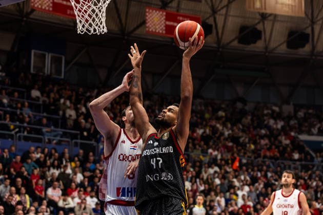 GER, FIBA Basketball World Cup 2027, European Qualifiers, Croatia Germany 27 02 2026, Drazen Petrovic Basketball Center, Zagreb, GER, FIBA Basketball World Cup 2027, European Qualifiers, Croatia Germany Norris Agbakoko Germany, No47 Â Photo Alexander Trienitz Zagreb Drazen Petrovic Basketball Center Zagreb Croatia