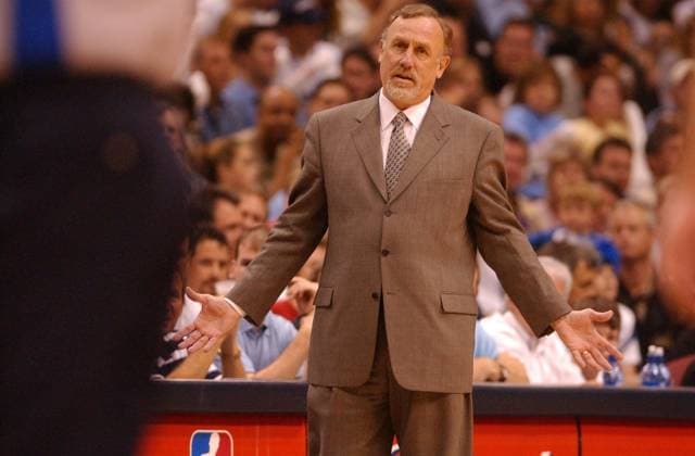 Kings coach Rick Adelman appeals to the Ref in the second quarter of game seven of the Western Conference Semifinals between the Sacramento Kings and the Dallas Mavericks at the American Airlines Center, Dallas, Texas, Saturday, May 16, 2003. Sacramento Bee photograph by Jose Luis Villegas ZUMA Press Sacramento California U.S. Copyright: xJosexLuisxVillegasx