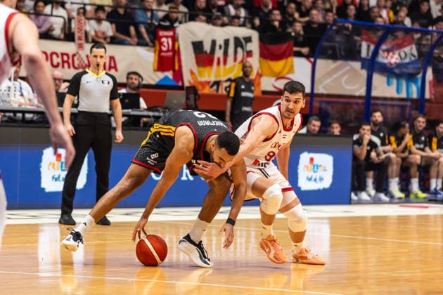 GER, FIBA Basketball World Cup 2027, European Qualifiers, Croatia Germany 27 02 2026, Drazen Petrovic Basketball Center, Zagreb, GER, FIBA Basketball World Cup 2027, European Qualifiers, Croatia Germany Johannes Thiemann Germany, No 32 , Toni Nakic Croatia, No99 Â Photo Alexander Trienitz Zagreb Drazen Petrovic Basketball Center Zagreb Croatia