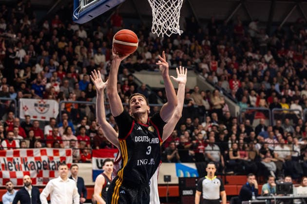 GER, FIBA Basketball World Cup 2027, European Qualifiers, Croatia Germany 27 02 2026, Drazen Petrovic Basketball Center, Zagreb, GER, FIBA Basketball World Cup 2027, European Qualifiers, Croatia Germany Tim Schneider Germany, No3 Â Photo Alexander Trienitz Zagreb Drazen Petrovic Basketball Center Zagreb Croatia