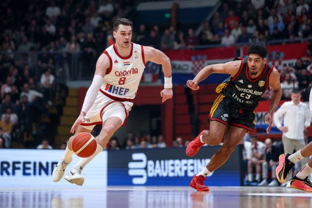 Croatia v Germany: Group E - FIBA World Cup 2026 European Qualifier Mario Hezonja of Croatia drives to the basket against Kostja Mushidi of Germany during the FIBA Basketball World Cup 2027 Group E European Qualifier between Croatia v Germany at Drazen Petrovic Basketball Center on February 27, 2026 in Zagreb, Croatia, Croatia.  IgorxKralj PIXSELL
