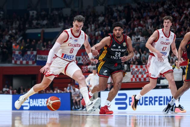Croatia v Germany: Group E - FIBA World Cup 2026 European Qualifier Mario Hezonja of Croatia drives to the basket against Kostja Mushidi of Germany during the FIBA Basketball World Cup 2027 Group E European Qualifier between Croatia v Germany at Drazen Petrovic Basketball Center on February 27, 2026 in Zagreb, Croatia, Croatia.  IgorxKralj PIXSELL
