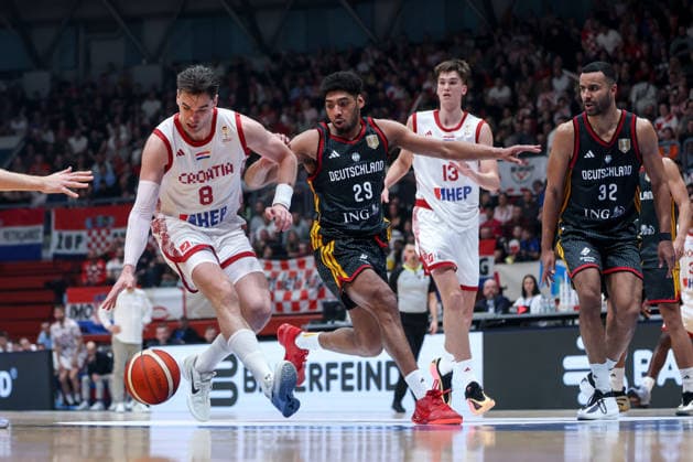 Croatia v Germany: Group E - FIBA World Cup 2026 European Qualifier Mario Hezonja of Croatia drives to the basket against Kostja Mushidi of Germany during the FIBA Basketball World Cup 2027 Group E European Qualifier between Croatia v Germany at Drazen Petrovic Basketball Center on February 27, 2026 in Zagreb, Croatia, Croatia.  IgorxKralj PIXSELL