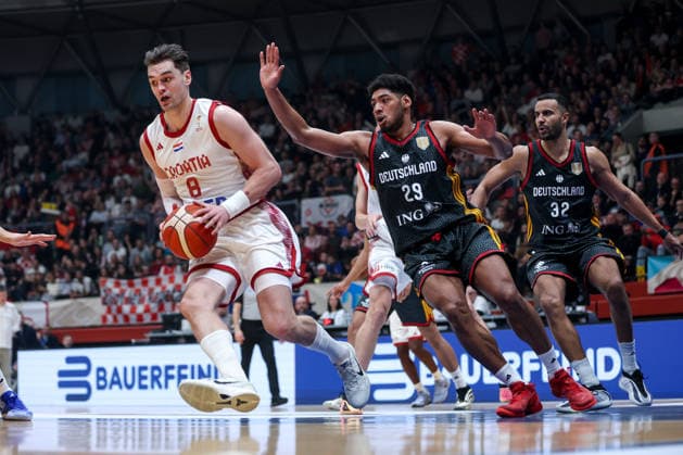 Croatia v Germany: Group E - FIBA World Cup 2026 European Qualifier Mario Hezonja of Croatia drives to the basket against Kostja Mushidi of Germany during the FIBA Basketball World Cup 2027 Group E European Qualifier between Croatia v Germany at Drazen Petrovic Basketball Center on February 27, 2026 in Zagreb, Croatia, Croatia.  IgorxKralj PIXSELL
