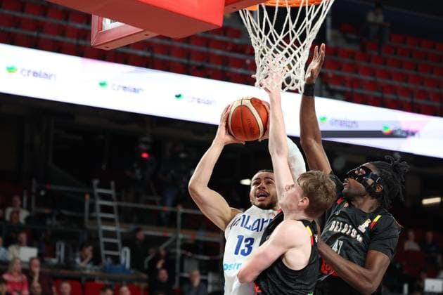 Finland s Olivier Nkamhoua and Belgium s Archange Izaw Bolavie fight for the ball during a basketball match between Belgian national team, Nationalteam Belgian Lions and Finland, Friday 27 February 2026 in Charleroi, qualifier 3 6 for the men s 2027 FIBA World Championships. VIRGINIExLEFOUR  x165773816x