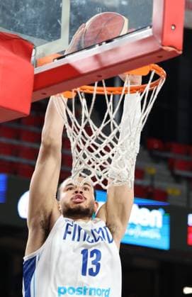 Finland s Olivier Nkamhoua scores a dunk during a basketball match between Belgian national team, Nationalteam Belgian Lions and Finland, Friday 27 February 2026 in Charleroi, qualifier 3 6 for the men s 2027 FIBA World Championships. VIRGINIExLEFOUR  x165774648x