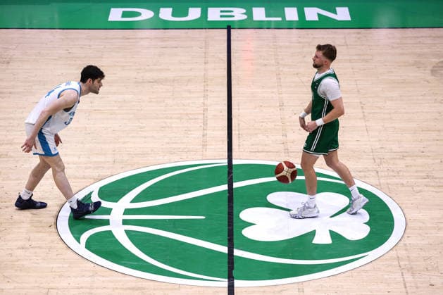 REPRO FREE *PRESS RELEASE NO REPRODUCTION FEE* EDITORIAL USE ONLY FIBA EuroBasket 2029 Pre-Qualifier, National Basketball Arena, Dublin 27 2 2026 Ireland vs Azerbaijan Ireland s Sean Flood and Azerbaijan s Derin Berkoz Sean Flood and Derin Berkoz 27 2 2026  Copyright: x INPHO BenxBradyx BB3_0258