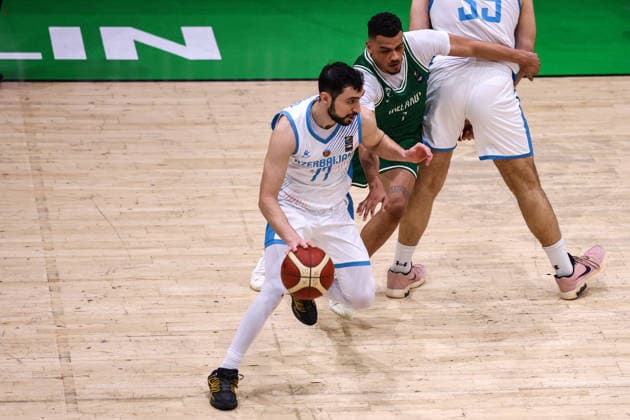 REPRO FREE *PRESS RELEASE NO REPRODUCTION FEE* EDITORIAL USE ONLY FIBA EuroBasket 2029 Pre-Qualifier, National Basketball Arena, Dublin 27 2 2026 Ireland vs Azerbaijan Azerbaijan s Shirzad Shirzadov and Ireland s Ryan Leonard Shirzad Shirzadov and Ryan Leonard 27 2 2026  Copyright: x INPHO BenxBradyx BB3_0500