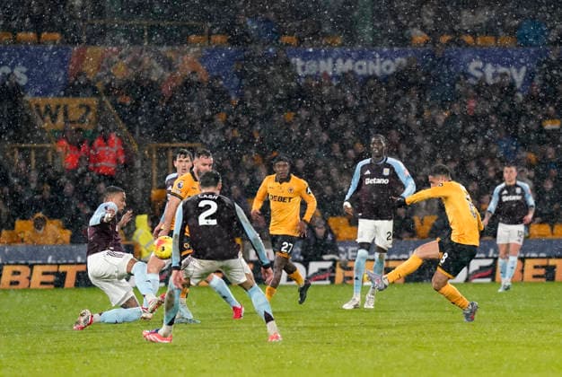 Wolverhampton, England, 27th February 2026. Joao Gomes of Wolverhampton Wanderers scores the first goal during the Wolverhampton Wanderers vs Aston Villa Premier League match at Molineux, Wolverhampton. Picture credit should read: Andrew Yates Sportimage EDITORIAL USE ONLY. No use with unauthorised audio, video, data, fixture lists, club league logos or live services. Online in-match use limited to 120 images, no video emulation. No use in betting, games or single club league player publications. SPI_034_AY_Wolves_Villa SPI-4564-0034