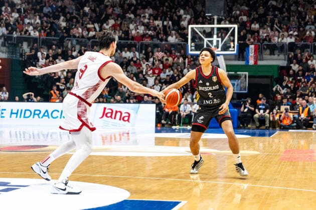 GER, FIBA Basketball World Cup 2027, European Qualifiers, Croatia Germany 27 02 2026, Drazen Petrovic Basketball Center, Zagreb, GER, FIBA Basketball World Cup 2027, European Qualifiers, Croatia Germany Jack Kayil Germany, No2 , Luka Bozic Croatia, No29 Â Photo Alexander Trienitz Zagreb Drazen Petrovic Basketball Center Zagreb Croatia