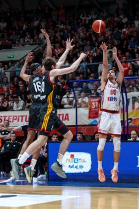 Croatia v Germany: Group E - FIBA World Cup 2026 European Qualifier Toni Nakic of Croatia shoots a three point basket during the FIBA Basketball World Cup 2027 Group E European Qualifier between Croatia v Germany at Drazen Petrovic Basketball Center on February 27, 2026 in Zagreb, Croatia, Croatia.  IgorxKralj PIXSELL