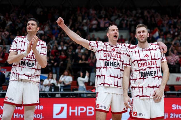 Croatia v Germany: Group E - FIBA World Cup 2026 European Qualifier Danko Brankovic, David Skara and Mateo Dreznjak of Croatia celebrate victory during the FIBA Basketball World Cup 2027 Group E European Qualifier between Croatia v Germany at Drazen Petrovic Basketball Center on February 27, 2026 in Zagreb, Croatia, Croatia.  IgorxKralj PIXSELL