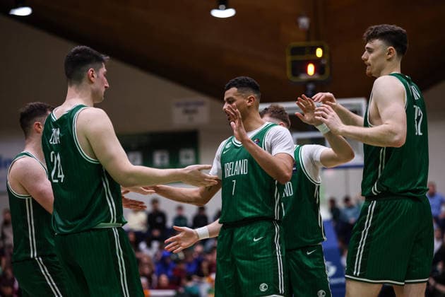 REPRO FREE *PRESS RELEASE NO REPRODUCTION FEE* EDITORIAL USE ONLY FIBA EuroBasket 2029 Pre-Qualifier, National Basketball Arena, Dublin 27 2 2026 Ireland vs Azerbaijan Ireland s Matt Zona, Ryan Leonard and Neal Quinn celebrate Matt Zona, Ryan Leonard and Neal Quinn celebrate 27 2 2026  Copyright: x INPHO BenxBradyx BB3_1255
