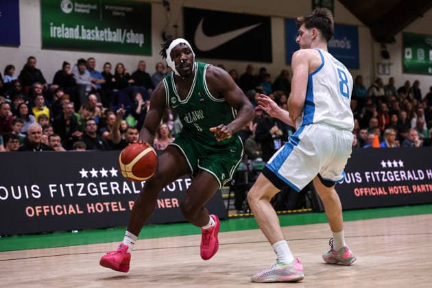 REPRO FREE *PRESS RELEASE NO REPRODUCTION FEE* EDITORIAL USE ONLY FIBA EuroBasket 2029 Pre-Qualifier, National Basketball Arena, Dublin 27 2 2026 Ireland vs Azerbaijan Ireland s Samuel Alajiki and Azerbaijan s Ulas Turgut Samuel Alajiki and Ulas Turgut 27 2 2026  Copyright: x INPHO BenxBradyx BB3_1473