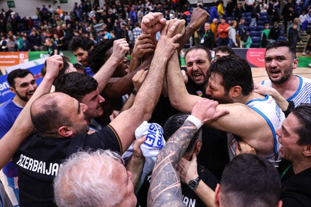 REPRO FREE *PRESS RELEASE NO REPRODUCTION FEE* EDITORIAL USE ONLY FIBA EuroBasket 2029 Pre-Qualifier, National Basketball Arena, Dublin 27 2 2026 Ireland vs Azerbaijan Azerbaijan s Amil Hamzayev celebrates with teammates Amil Hamzayev celebrates with teammates 27 2 2026  Copyright: x INPHO BenxBradyx BB2_8247