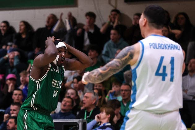 REPRO FREE *PRESS RELEASE NO REPRODUCTION FEE* EDITORIAL USE ONLY FIBA EuroBasket 2029 Pre-Qualifier, National Basketball Arena, Dublin 27 2 2026 Ireland vs Azerbaijan Ireland s Samuel Alajiki reacts Samuel Alajiki reacts 27 2 2026  Copyright: x INPHO BenxBradyx BB3_2153