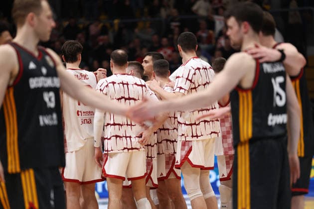 Zagreb, Croatia, 27.2.2026. FIBA Baskeball World Cup, European Qualifiers, First Round Group E, Drazen Petrovic Basketball Center, Croatia (CRO). Croatia vs Germany (93 - 88) Croatian players celebrate victory 