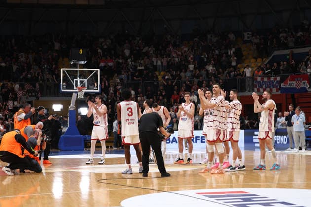 Zagreb, Croatia, 27.2.2026. FIBA Baskeball World Cup, European Qualifiers, First Round Group E, Drazen Petrovic Basketball Center, Croatia (CRO). Croatia vs Germany (93 - 88) Croatian players celebrate victory 