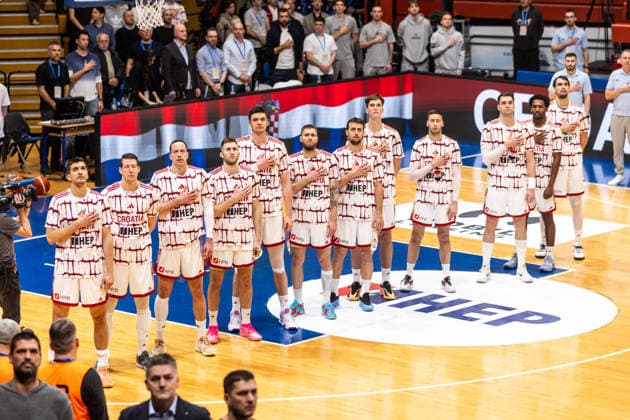 GER, FIBA Basketball World Cup 2027, European Qualifiers, Croatia Germany 27 02 2026, Drazen Petrovic Basketball Center, Zagreb, GER, FIBA Basketball World Cup 2027, European Qualifiers, Croatia Germany Team Croatia during the national anthem Â Photo Alexander Trienitz Zagreb Drazen Petrovic Basketball Center Zagreb Croatia