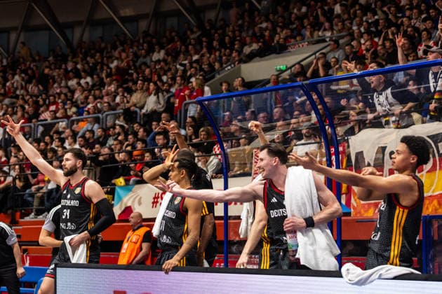 GER, FIBA Basketball World Cup 2027, European Qualifiers, Croatia Germany 27 02 2026, Drazen Petrovic Basketball Center, Zagreb, GER, FIBA Basketball World Cup 2027, European Qualifiers, Croatia Germany Team Germany cheers Â Photo Alexander Trienitz Zagreb Drazen Petrovic Basketball Center Zagreb Croatia