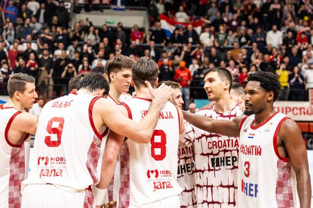 GER, FIBA Basketball World Cup 2027, European Qualifiers, Croatia Germany 27 02 2026, Drazen Petrovic Basketball Center, Zagreb, GER, FIBA Basketball World Cup 2027, European Qualifiers, Croatia Germany Team Croatia is happy about the victory Â Photo Alexander Trienitz Zagreb Drazen Petrovic Basketball Center Zagreb Croatia