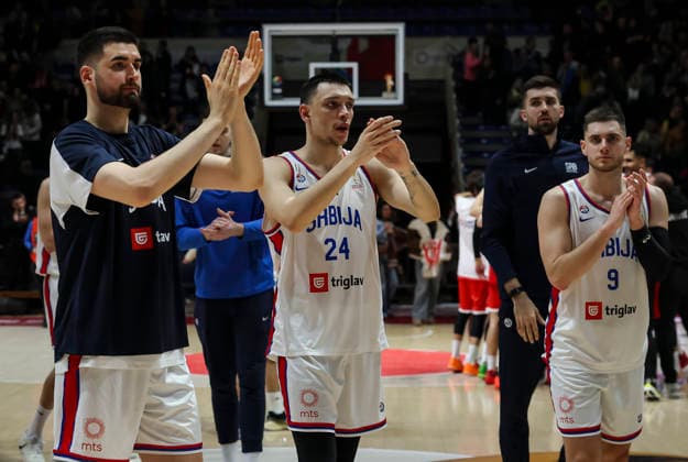 Serbia v Turkiye - FIBA Worl Cup European qualifiers, first round group C Dusan Ristic (L) Nikola Tanaskovic (C) and Stefan Momirov of Serbia during the FIBA World Cup European qualifiers first round group C basketball match between Serbia and Turkiye on February 27, 2026 in Belgrade, Serbia. Belgrade Serbia Copyright: xPedjaxMilosavljevic Starsport.rsx