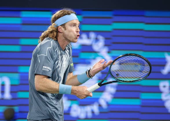 Andrey Rublev reacts angry,anger,disappointed,disappointment,emotion, Dubai Duty Free Tennis Championships, Dubai, U A E Tennis Dubai Tennis Championships 2026 ATP Dubai Duty Free Tennis Stadium Dubai United Arab Emirates 28 February 2026 Copyright: xJuergenxHasenkopfx