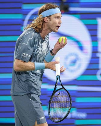 Andrey Rublev reacts angry,anger,disappointed,disappointment,emotion, Dubai Duty Free Tennis Championships, Dubai, U A E Tennis Dubai Tennis Championships 2026 ATP Dubai Duty Free Tennis Stadium Dubai United Arab Emirates 28 February 2026 Copyright: xJuergenxHasenkopfx