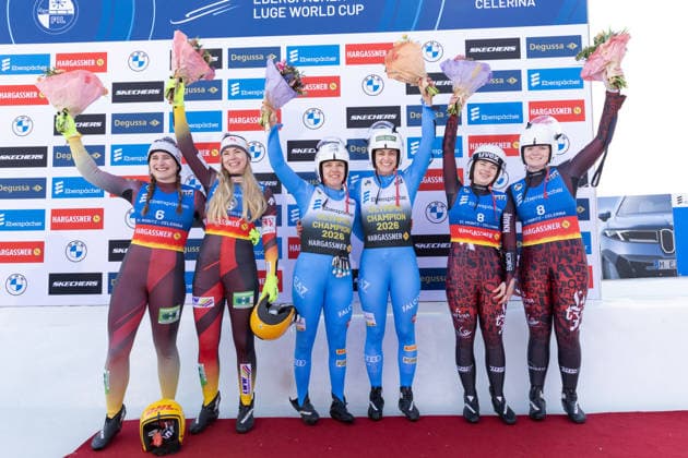 Sport Bilder des Tages picture: Elisa-Marie Storch, Pauline Patz (GER), Marion Oberhofer, Andrea Vötter (ITA), Anda Upite, Madara Pavlova (LAT) 28.02.2026 luge 8. FIL Eberspächer Luge World Cup, Olympia Bob Run St. Moritz - Celerina, Switzerland (SUI) Women™s Doubles photographer: FIL Michael Kristen *** picture Elisa Marie Storch, Pauline Patz GER , Marion Oberhofer, Andrea Vötter ITA , Anda Upite, Madara Pavlova LAT 28 02 2026 luge 8 FIL Eberspächer Luge World Cup, Olympia Bob Run St Moritz Celerina, Switzerland SUI Women™s Doubles photographer FIL Michael Kristen