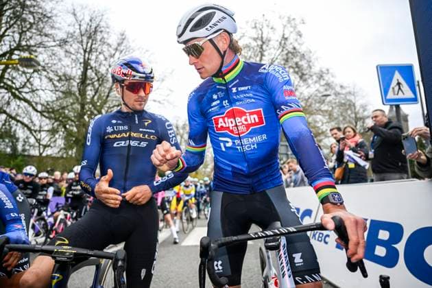 Omloop Het Nieuwsblad 2026 Cycling Race NINOVE, BELGIUM - FEBRUARY 28 : Pidcock Thomas (GBR) of Pinarello Q36.5 Pro Cycling Team, Van Der Poel Mathieu (NED) of Alpecin-Premier Tech at the start line during the 81th edition of Omloop Het Nieuwsblad an UCI World Tour 1.UWT one day cycling road race for Men Elite of km with start in Ghent and finish in Ninove on February 28, 2026 in Ninove, Belgium, 28 02 2026 ( Motordriver Kenny Verfaillie - Ninove Belgium  Copyright: xNicoxVereeckenx