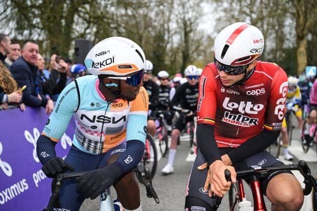 Eritrean Biniam Girmay of NSN Cycling Team and Belgian Arnaud De Lie of Lotto-Intermarche pictured at the start of the 81st edition of the men s one-day cycling race Omloop Het Nieuwsblad (UCI World Tour), the opening race of the Flemish one-day classics season, 207,6 km from Gent to Ninove, Saturday 28 February 2026. DAVIDxPINTENS  x165894101x