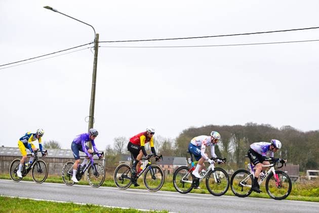 Belgian Vincent Van Hemelen of Team Flanders-Baloise, Dutch Jelte Krijnsen of Team Jayco AlUla, French Alexis Renard of Cofidis, French Alexys Brunel of TotalEnergies and French Clement Alleno of Burgos Burpellet BH pictured in action during the 81st edition of the men s one-day cycling race Omloop Het Nieuwsblad (UCI World Tour), the opening race of the Flemish one-day classics season, 207,6 km from Gent to Ninove, Saturday 28 February 2026. DAVIDxPINTENS  x165903931x