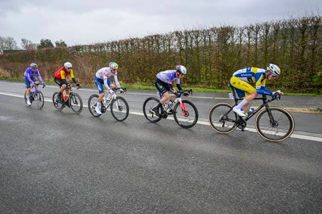 Omloop Het Nieuwsblad 2026 Cycling Race NINOVE, BELGIUM - FEBRUARY 28 : Renard Alexis (FRA) of Cofidis, Brunel Alexys (FRA) of TotalEnergies, Alleno Clement (FRA) of Burgos Burpellet BH, Van Hemelen Vincent (BEL) of Team Flanders - Baloise in the escape pack during the 81th edition of Omloop Het Nieuwsblad an UCI World Tour 1.UWT one day cycling road race for Men Elite of km with start in Ghent and finish in Ninove on February 28, 2026 in Ninove, Belgium, 28 02 2026 ( Motordriver Kenny Verfaillie - Ninove Belgium  Copyright: xNicoxVereeckenx
