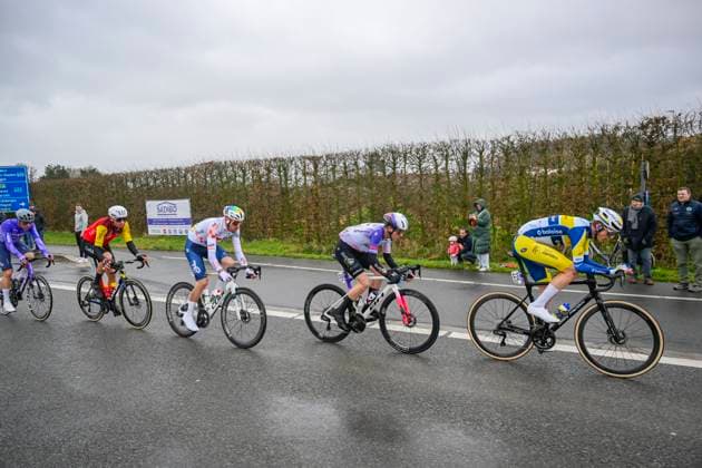 Omloop Het Nieuwsblad 2026 Cycling Race NINOVE, BELGIUM - FEBRUARY 28 : Renard Alexis (FRA) of Cofidis, Brunel Alexys (FRA) of TotalEnergies, Alleno Clement (FRA) of Burgos Burpellet BH, Van Hemelen Vincent (BEL) of Team Flanders - Baloise in the escape pack during the 81th edition of Omloop Het Nieuwsblad an UCI World Tour 1.UWT one day cycling road race for Men Elite of km with start in Ghent and finish in Ninove on February 28, 2026 in Ninove, Belgium, 28 02 2026 ( Motordriver Kenny Verfaillie - Ninove Belgium  Copyright: xNicoxVereeckenx