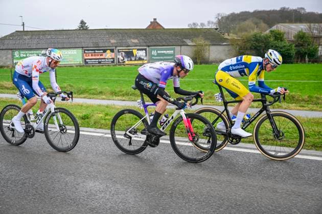 Omloop Het Nieuwsblad 2026 Cycling Race NINOVE, BELGIUM - FEBRUARY 28 : Brunel Alexys (FRA) of TotalEnergies, Alleno Clement (FRA) of Burgos Burpellet BH, Van Hemelen Vincent (BEL) of Team Flanders - Baloise in the escape pack during the 81th edition of Omloop Het Nieuwsblad an UCI World Tour 1.UWT one day cycling road race for Men Elite of km with start in Ghent and finish in Ninove on February 28, 2026 in Ninove, Belgium, 28 02 2026 ( Motordriver Kenny Verfaillie - Ninove Belgium  Copyright: xNicoxVereeckenx