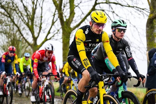 Italian Pietro Mattio of Team Visma-Lease a Bike pictured in action during the 81st edition of the men s one-day cycling race Omloop Het Nieuwsblad (UCI World Tour), the opening race of the Flemish one-day classics season, 207,6 km from Gent to Ninove, Saturday 28 February 2026. DAVIDxPINTENS  x165906669x