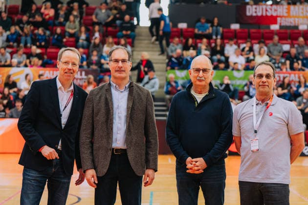 The officials at the opening of the German Championship from left Dr Christian Frenzel Chairman of the Fistball Germany Main Committee , Dr Clemens Maier Mayor of Stuttgart Department of Security, Order and Sport , Karl Katz Chairman of the Fistball Department Schwaebischer Turnerbund e V and Uwe Schneider Deputy Chairman of the Fistball Germany Main Committee Fistball, German Championship, Final 4, 2025 2026 season, 28 02 2026, Fistball, German Championship, Final 4, 2025 2026 season, 28 02 2026, Stuttgart Copyright: xEibner-Pressefoto LarsxNeumannx EP_LNN