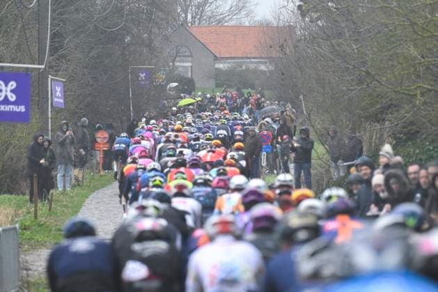 Omloop Het Nieuwsblad 2026 Cycling Race NINOVE, BELGIUM - FEBRUARY 28 : Illustration picture of the peloton on Eikenberg during the 81th edition of Omloop Het Nieuwsblad an UCI World Tour 1.UWT one day cycling road race for Men Elite of km with start in Ghent and finish in Ninove on February 28, 2026 in Ninove, Belgium, 28 02 2026 ( Motordriver Kenny Verfaillie - Ninove Belgium  Copyright: xNicoxVereeckenx