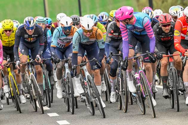 Omloop Het Nieuwsblad 2026 Cycling Race NINOVE, BELGIUM - FEBRUARY 28 : Van Asbroeck Tom (BEL) of NSN Cycling Team, Girmay Biniam (ERI) of NSN Cycling Team in action during the 81th edition of Omloop Het Nieuwsblad an UCI World Tour 1.UWT one day cycling road race for Men Elite of km with start in Ghent and finish in Ninove on February 28, 2026 in Ninove, Belgium, 28 02 2026 ( Motordriver Kenny Verfaillie - Ninove Belgium  Copyright: xNicoxVereeckenx