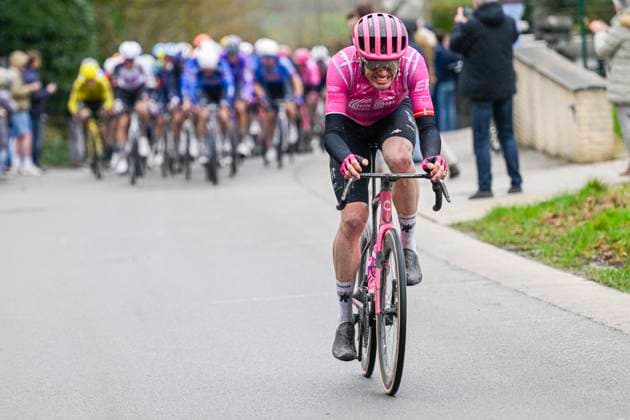 Omloop Het Nieuwsblad 2026 Cycling Race NINOVE, BELGIUM - FEBRUARY 28 : Asgreen Kasper (DEN) of EF Education EasyPost attacking during the 81th edition of Omloop Het Nieuwsblad an UCI World Tour 1.UWT one day cycling road race for Men Elite of km with start in Ghent and finish in Ninove on February 28, 2026 in Ninove, Belgium, 28 02 2026 ( Motordriver Kenny Verfaillie - Ninove Belgium  Copyright: xNicoxVereeckenx