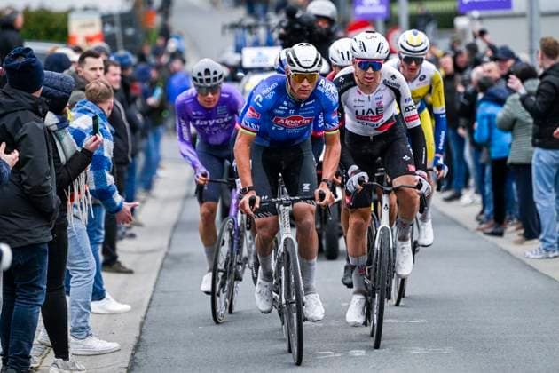 Omloop Het Nieuwsblad 2026 Cycling Race NINOVE, BELGIUM - FEBRUARY 28 : Van Der Poel Mathieu (NED) of Alpecin-Premier Tech, Vermeersch Florian (BEL) of UAE Team Emirates XRG in the escape pack during the 81th edition of Omloop Het Nieuwsblad an UCI World Tour 1.UWT one day cycling road race for Men Elite of km with start in Ghent and finish in Ninove on February 28, 2026 in Ninove, Belgium, 28 02 2026 ( Motordriver Kenny Verfaillie - Ninove Belgium  Copyright: xNicoxVereeckenx